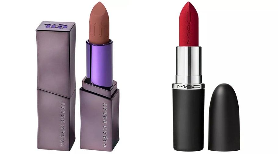 two lipsticks with lids off 