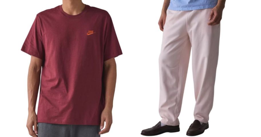 two men wearing a red top and light pink pants from urban outfitters