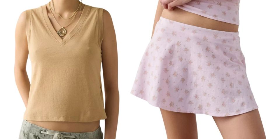 urban outfitters beige womens top and pink skirt