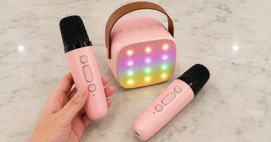 hand holding pink mini microphone with pink karaoke machine and second mic in background