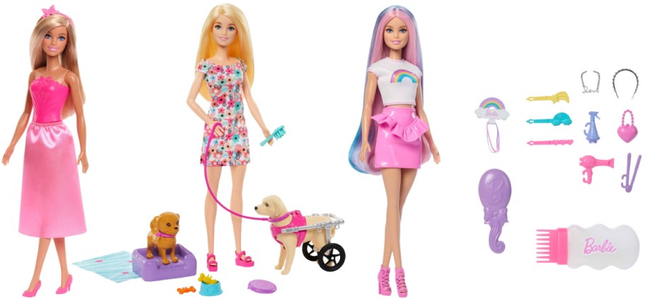 Three Barbie dolls including one in a pink dress, one with a puppy in a wheelchair set, and one with rainbow hair, alongside various hair and fashion accessories.