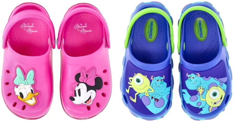 pink minnie mouse and blue monsters inc clogs 