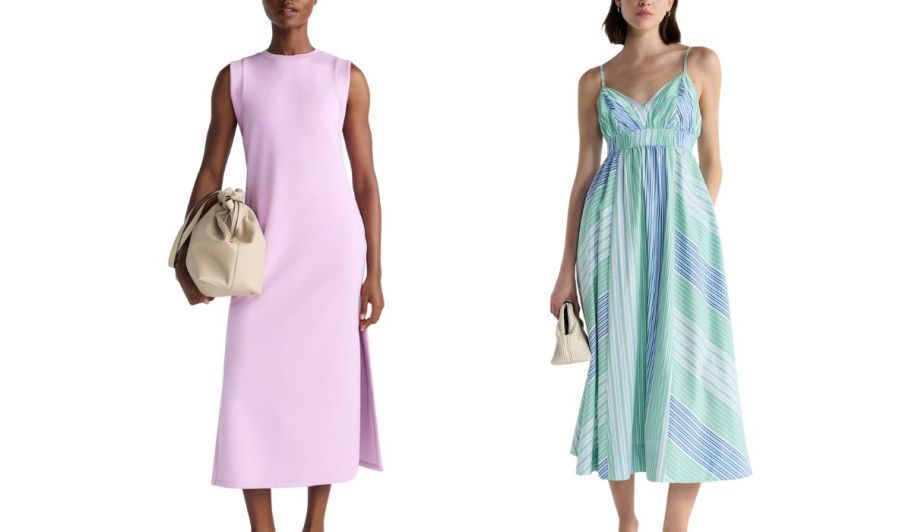 woman wearing a pink dress holding a bag next to a woman wearing a striped dress also holding a bag