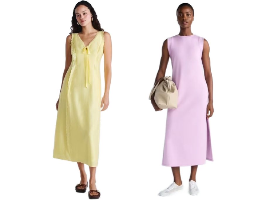 2 women wearing dresses on a white background