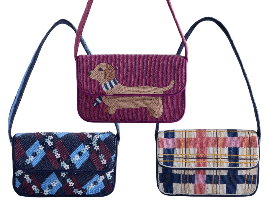 3 beaded shoulder bags in different prints, one has a dog on it 