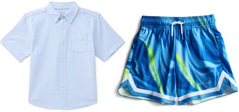 blue button down top and blue athletic shorts 