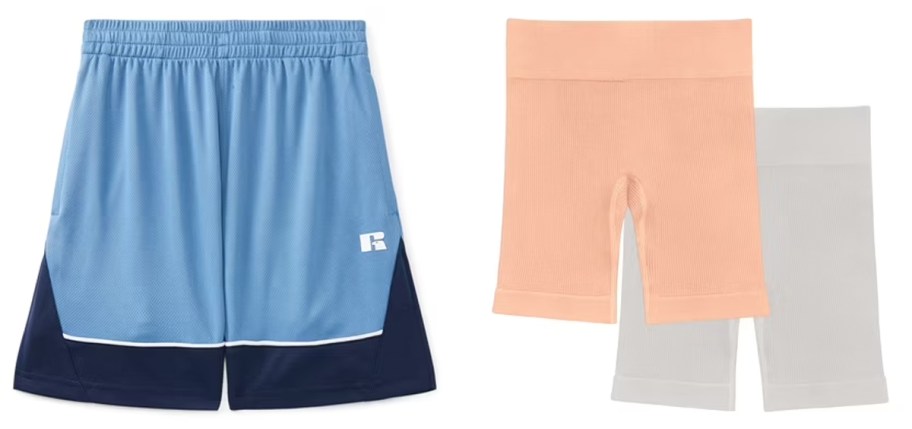 blue boys shorts and girls orange and gray biker shorts 