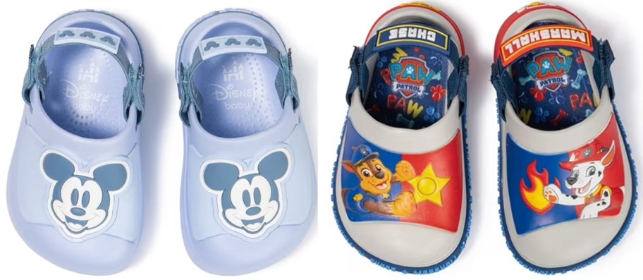 blue mickey mouse and blue and red paw patrol kids clogs 