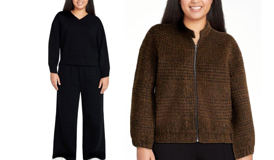 woman wearing a black pant set next to a woman wearing a brown bomber jacket