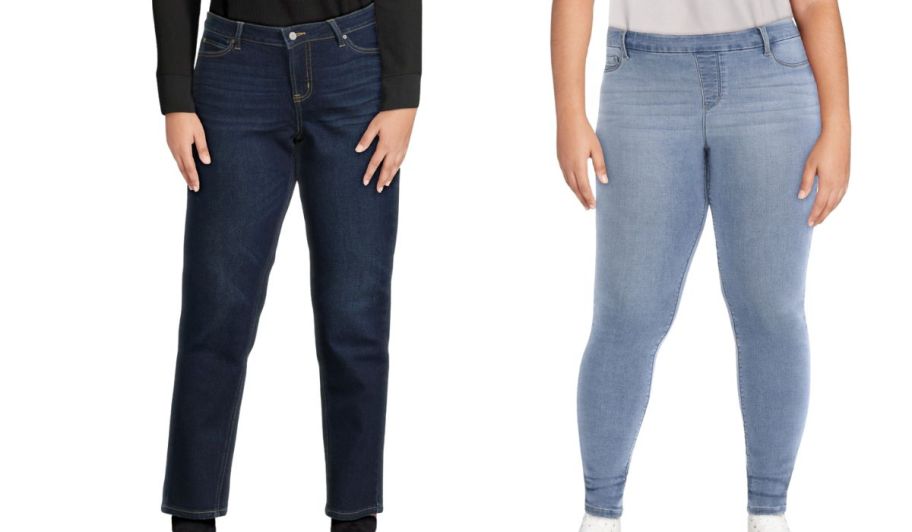 woman wearing a pair of dark blue jeans next to a woman wearing a pair of jean jeggings
