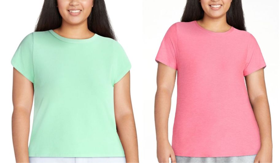 woman wearing a green shirt next to another woman wearing a pink shirt