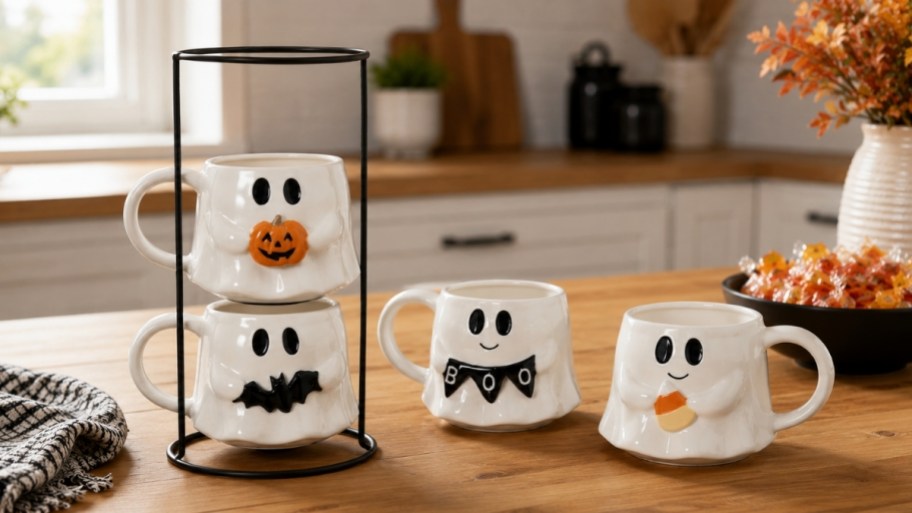 four ghost stacking mugs on a kitchen counter