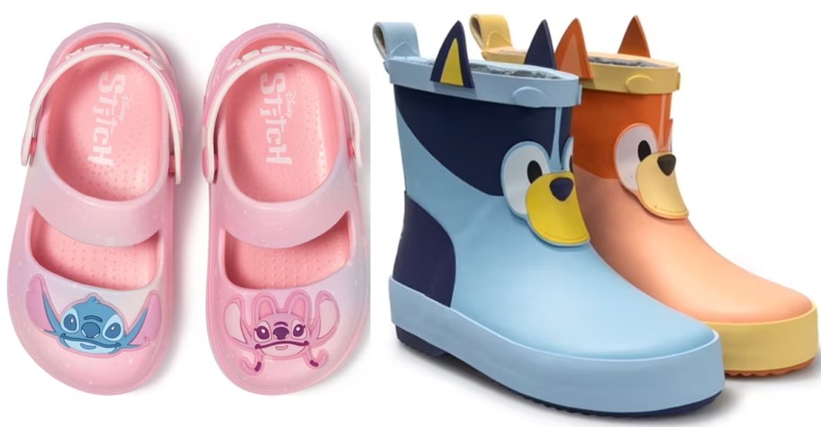 pink stitch clogs and bluey boots 