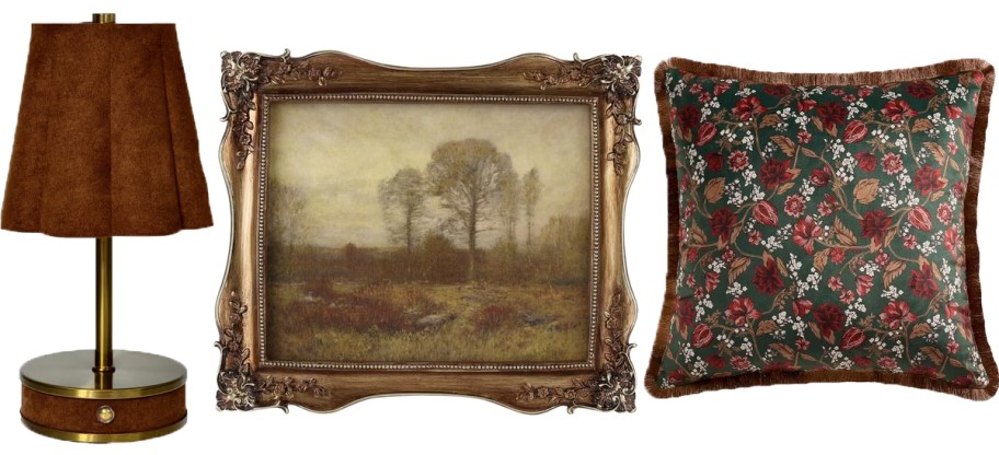 brown lamp, vintage art, and brown floral pillow 