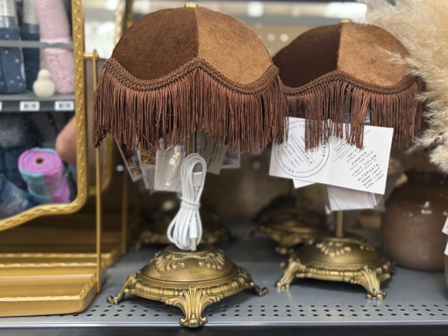 brown fringe and gold lamp 