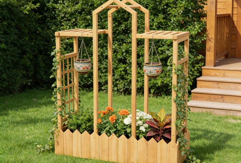 trellis planter with plants hanging in yard 