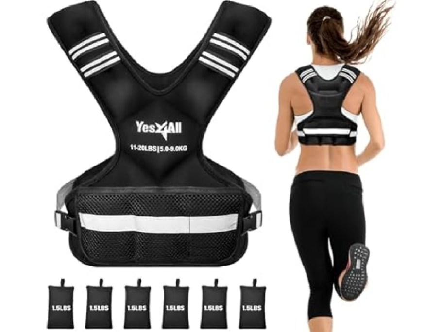 Yes4All black weighted fitness vest with reflective stripes, shown flat with six extra weight pads alongside a person running while wearing the vest.