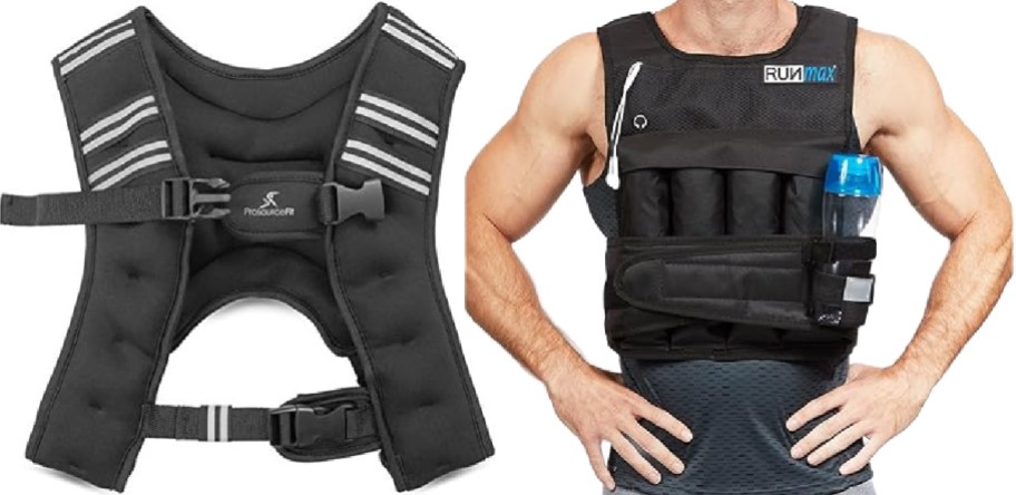 Two black weighted fitness vests, including a ProsourceFit vest shown flat and a RunMax vest worn by a person with a water bottle pocket.