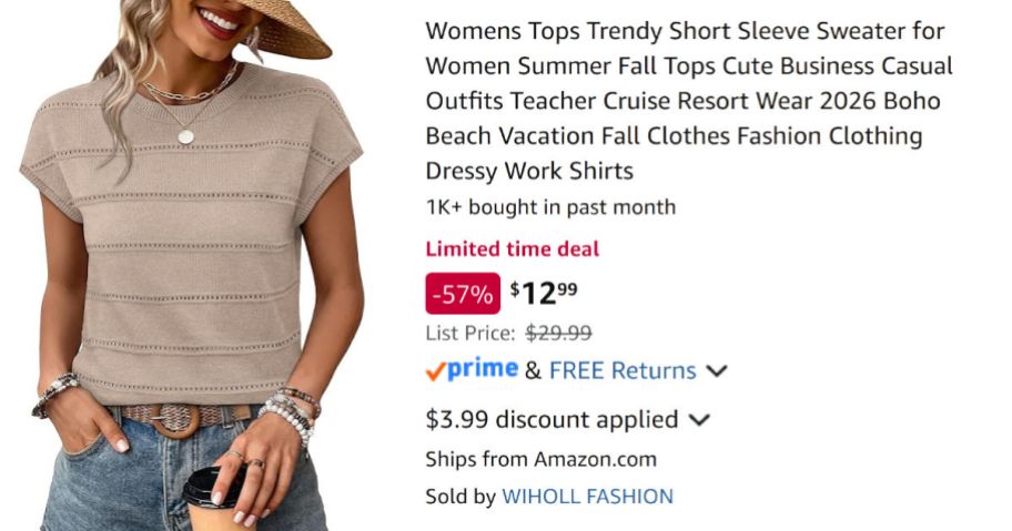 woman wearing tan sweater next to Amazon pricing information