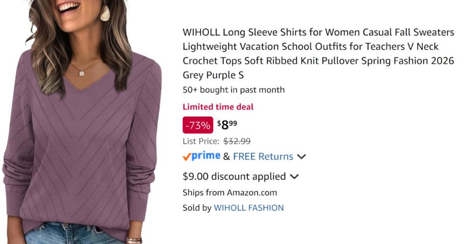 woman wearing purple sweater next to Amazon pricing information