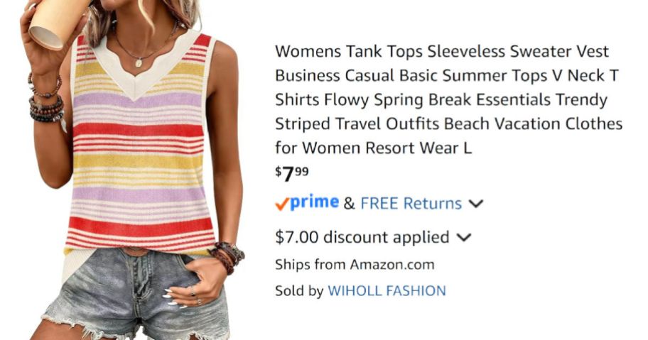 woman wearing striped tank top next to Amazon pricing information