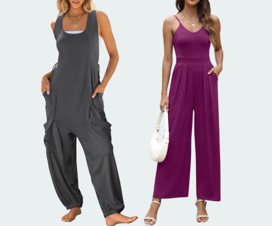 womens wearing sleeveless jumpsuits in 2 different styles
