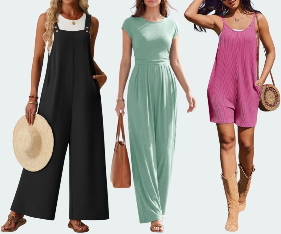 womens wearing jumpsuits in 3 different styles