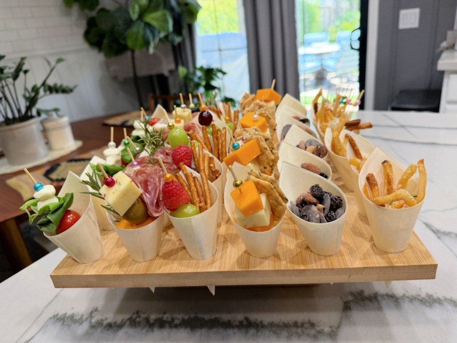 wooden food cone tray filled with snacks for entertaining 
