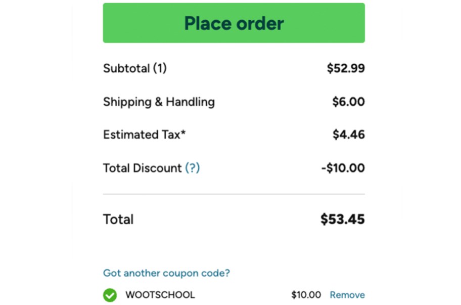 woot shopping cart showing promo code