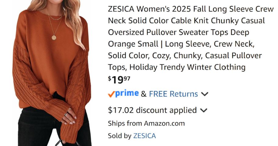 woman wearing rust colored sweater next to Amazon pricing information