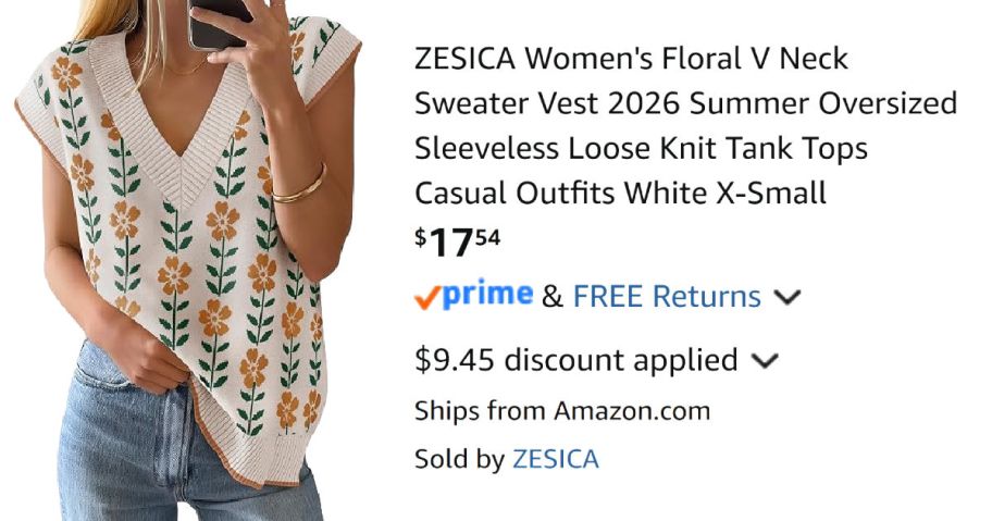 woman wearing floral sleeveless sweater next to Amazon pricing information