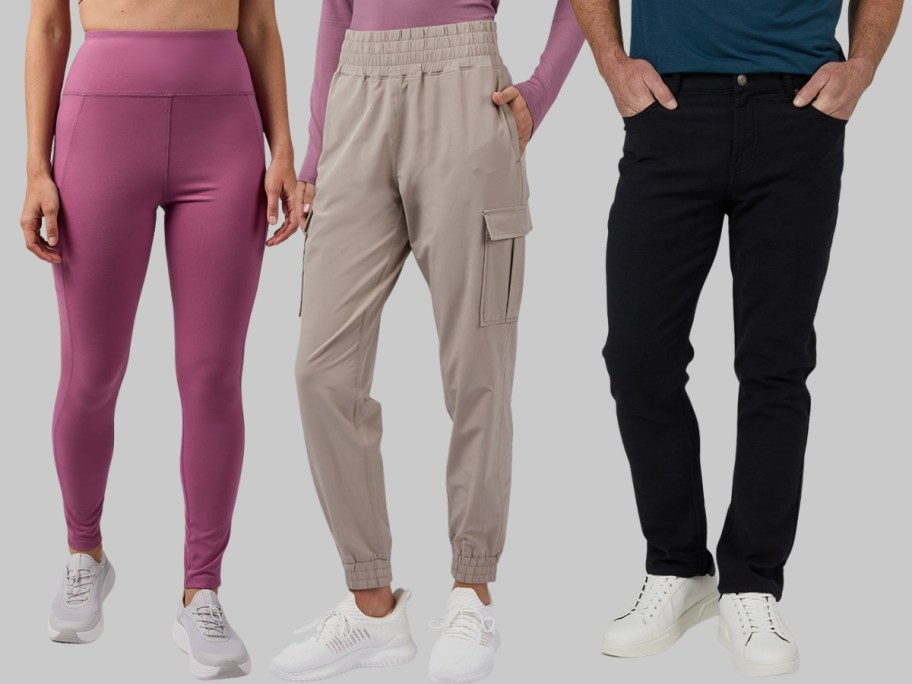 woman in leggings, cargo joggers and a man in jeans