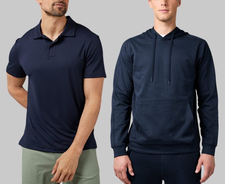a man in a polo shirt and one wearing a hooded tee