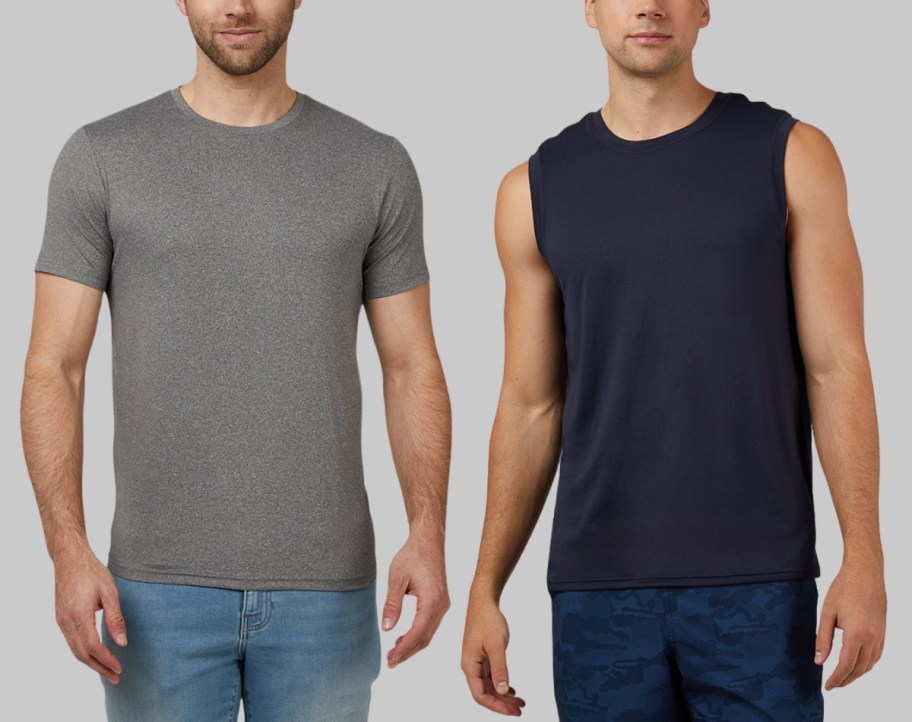 man in a crew neck tee and a man wearing muscle tank