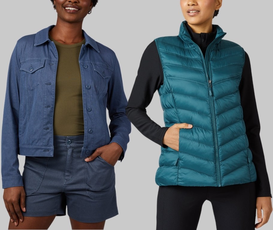 woman in a cropped trucker jacket and a woman in a packable vest