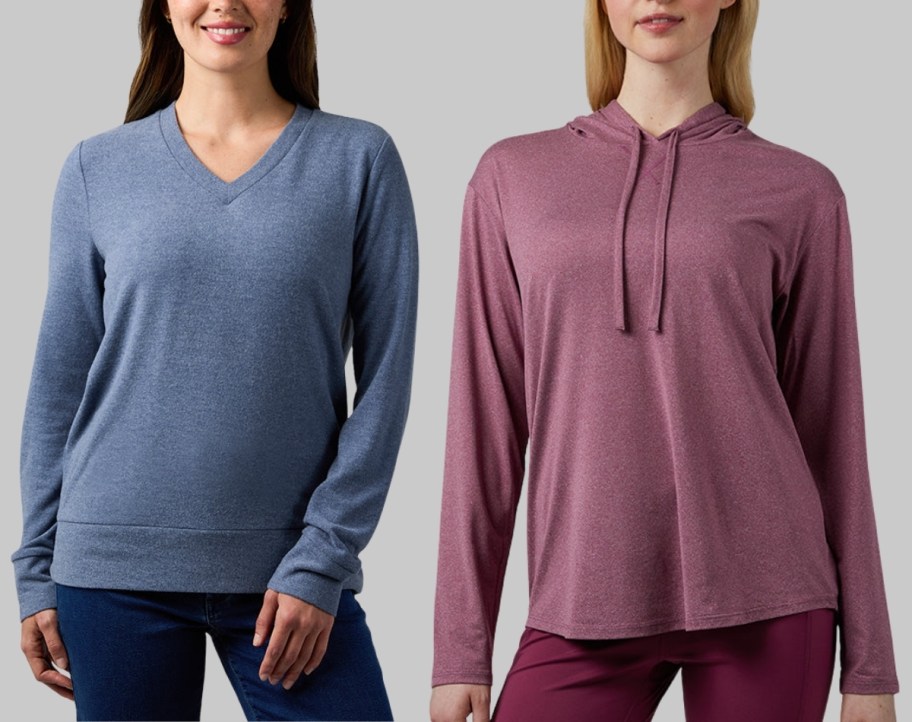 woman in v-neck sweatshirt top and woman in hoodied tee