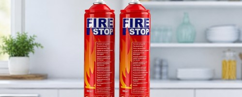 2 fire extinguisher on a kitchen counter top