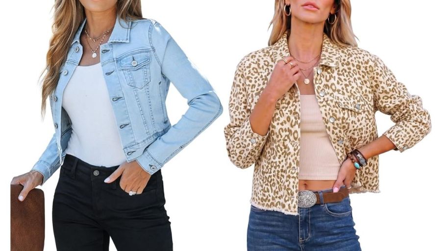Anazon denim jacket in light blue and cheetah print