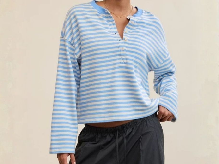 woman wearing striped Aerie Alumni Henley Sweatshirt