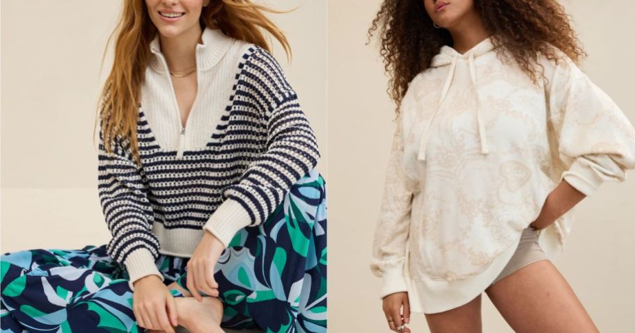 striped Aerie Crochet Quarter Zip Sweater and beige Travel Hoodie