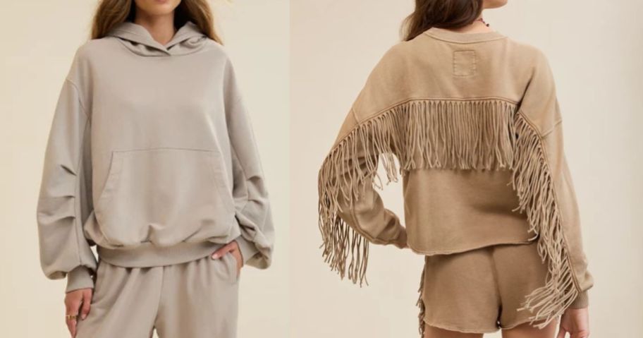beige Aerie Jet Setter Hoodie and Festival Fringe Crew Sweatshirt