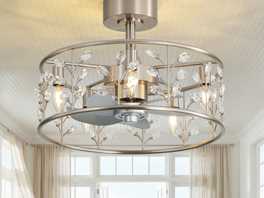 fandelier in satin nickel with crystal accents