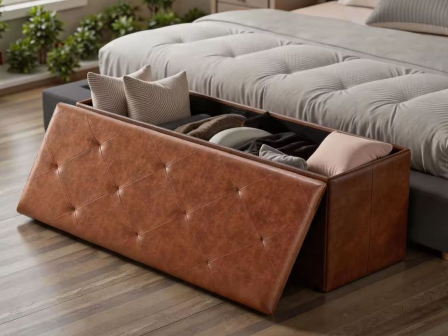 Tufted Faux Leather Storage Bench