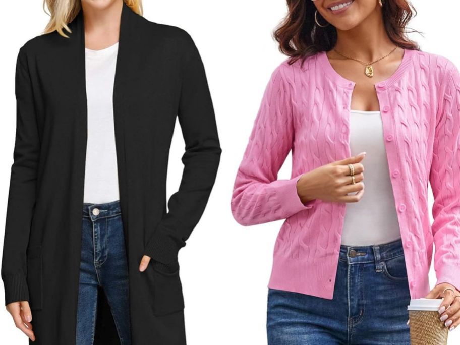 Two women wearing cardigan sweaters