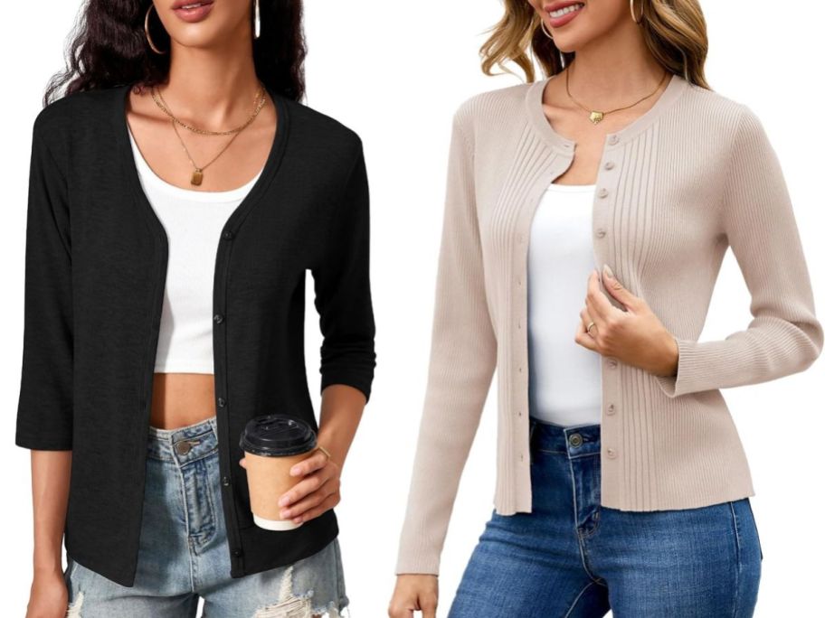 Two women wearing cardigan sweaters