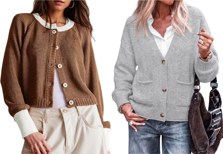 Two women wearing cardigan sweaters