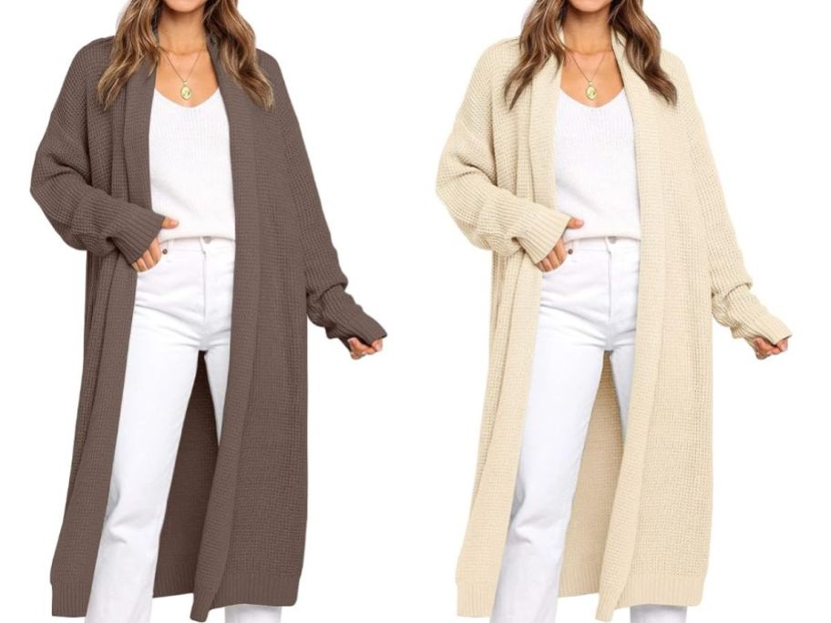 Stoc images of two women wearing long chunky sweaters