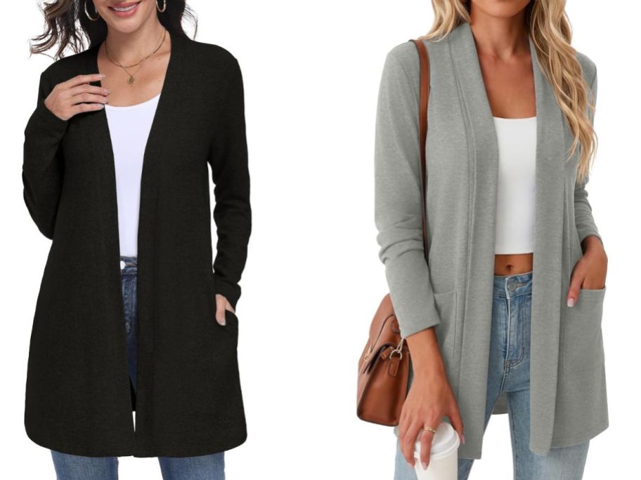 Two women wearing cardigan sweaters