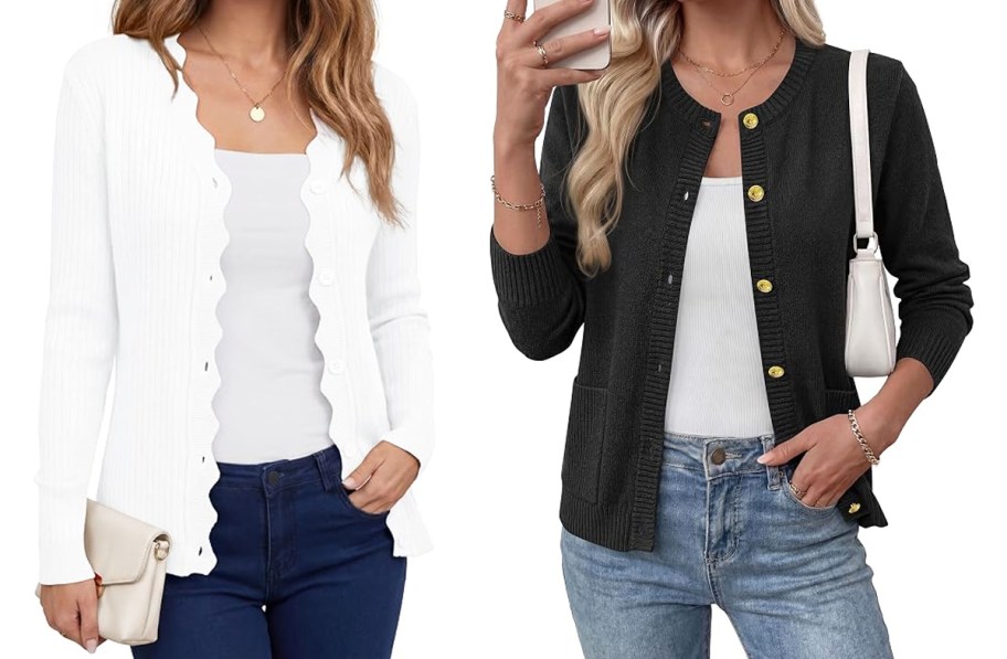two women modeling white and black cardigans