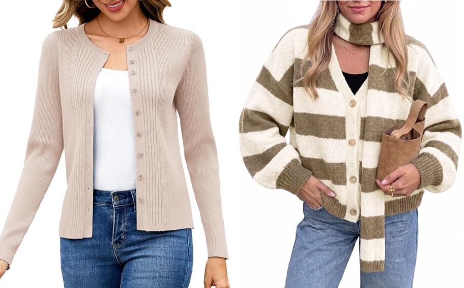 two women wearing tan cardigans